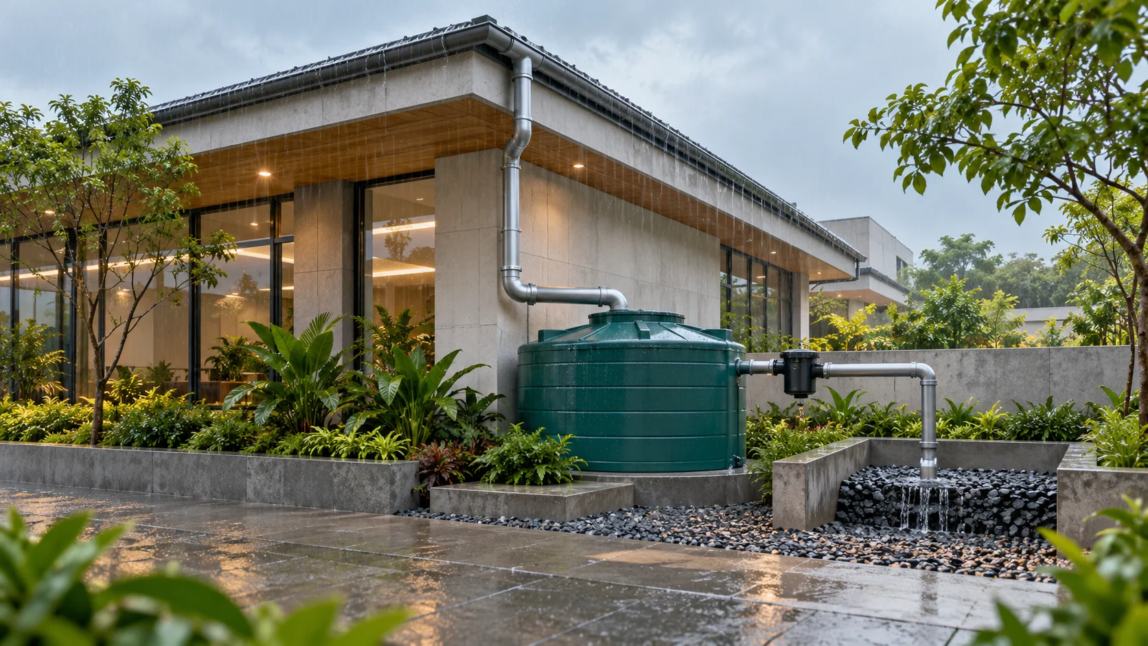 Concept view of rainwater collection from a roof into a storage tank and recharge area